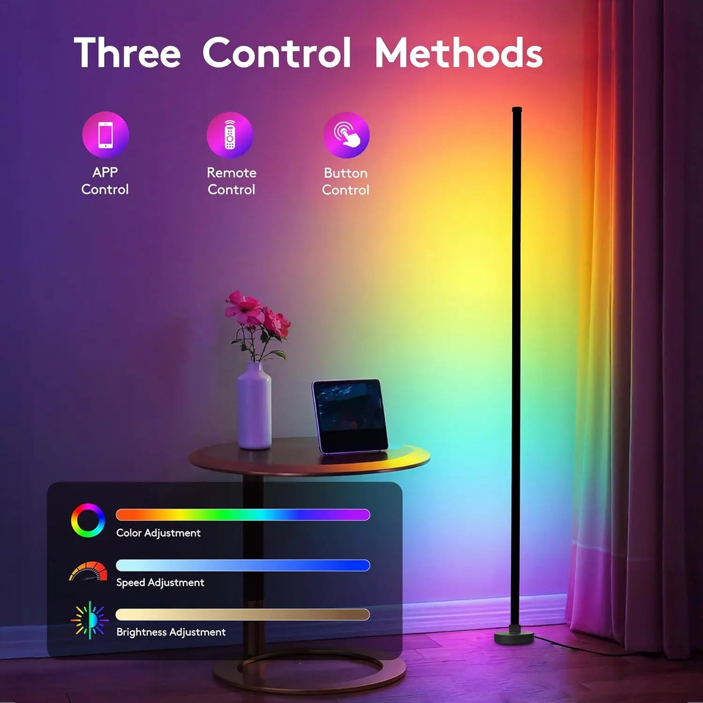 Rroetxi RGBIC Corner Floor Lamp – Minimalist Style with App & Remote Control, Stepless Dimming, Timer & Music Sync Modes, Perfect for Living Rooms, Bedrooms, Game Rooms & Party Decor