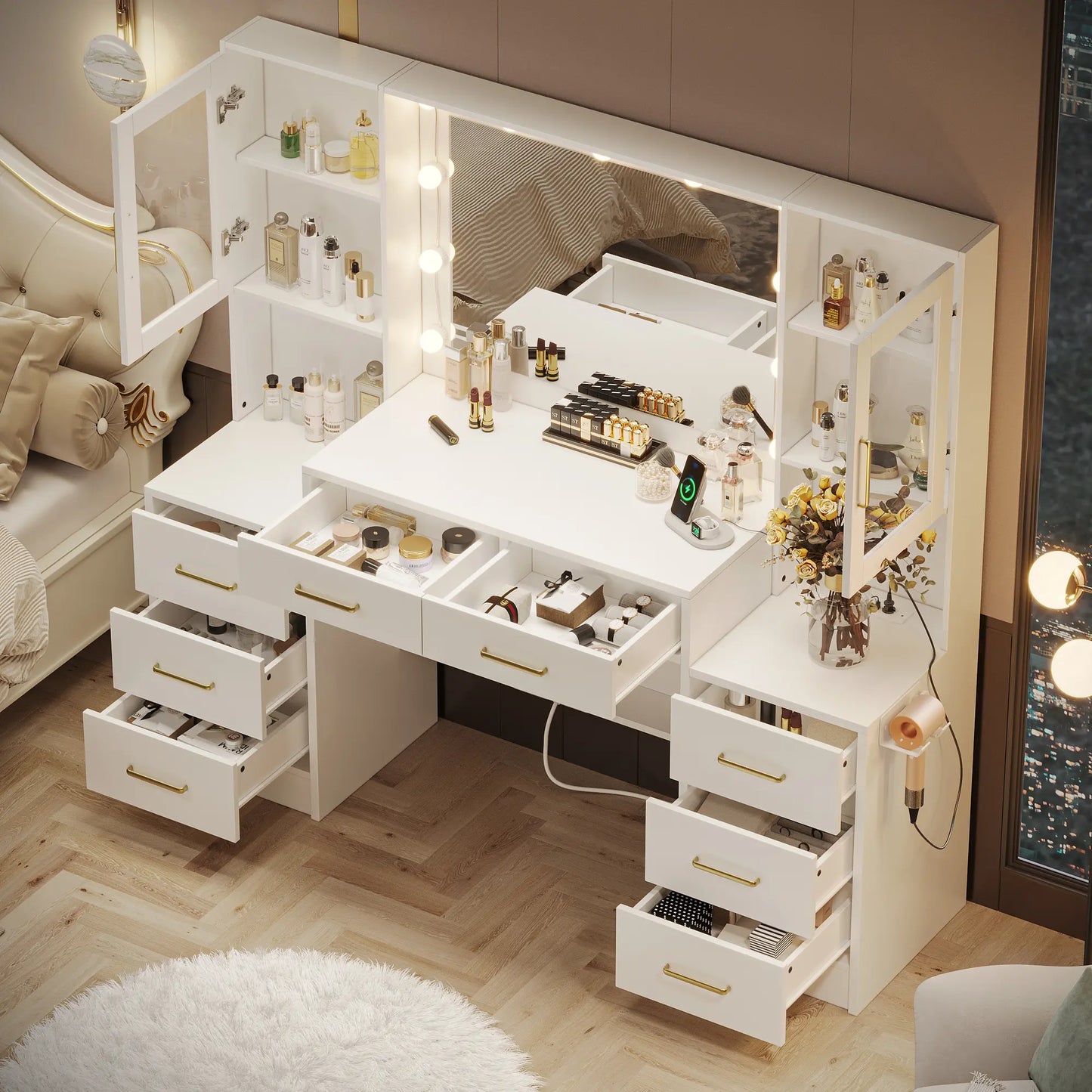 58.3”Vanity Desk with Mirror and Replaceable Lights & Charging Station,Bedroom Dressing Table,Large Vanity Set,8 Drawers and 2 Cabinets,Makeup Vanity Table with Charging Station,Without Stool