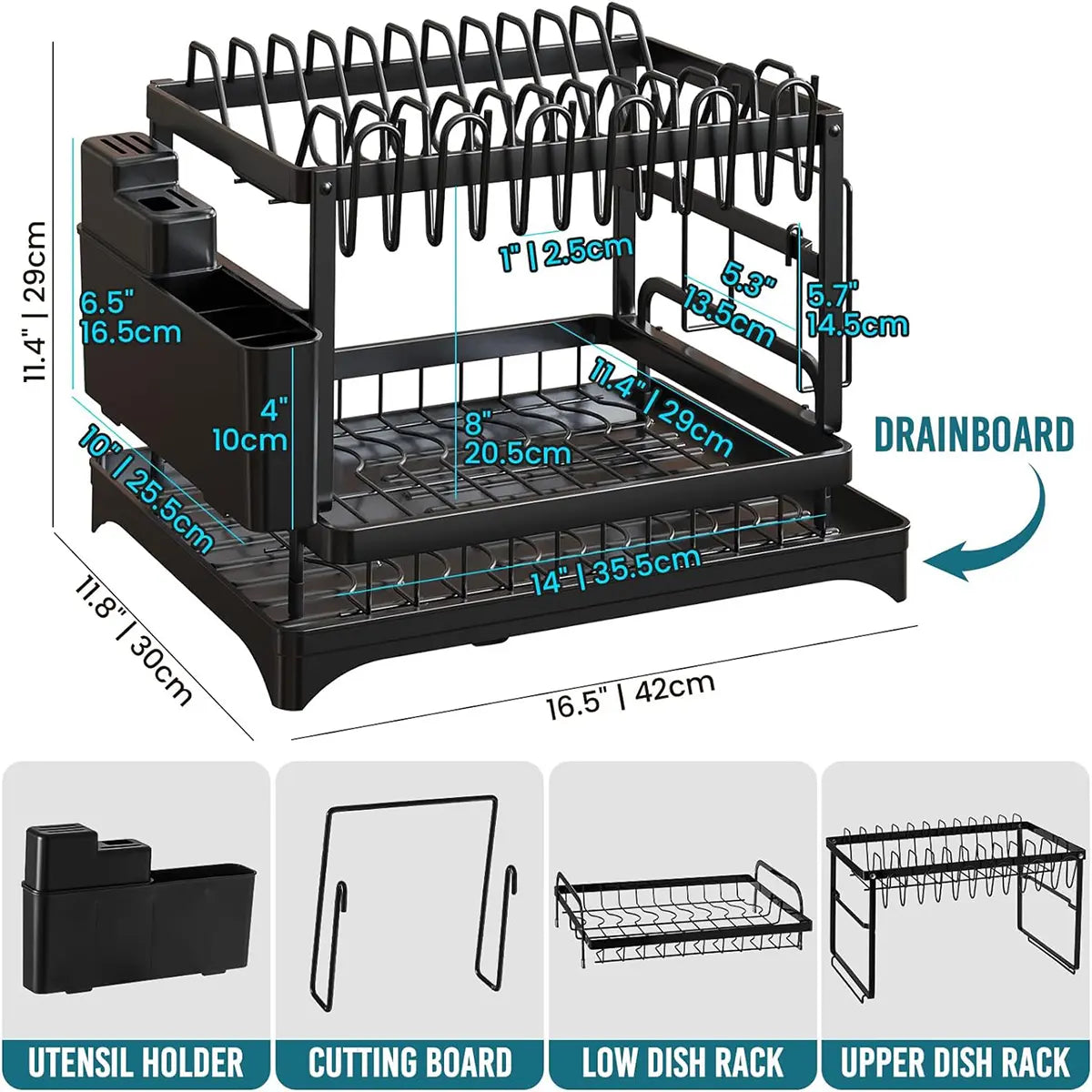 2 Tier Large Dish Drying Rack,Drying Rack with Automatic Drainboard,Rustproof Dish Drainer with Removable Utensil Holder, Cups Holder