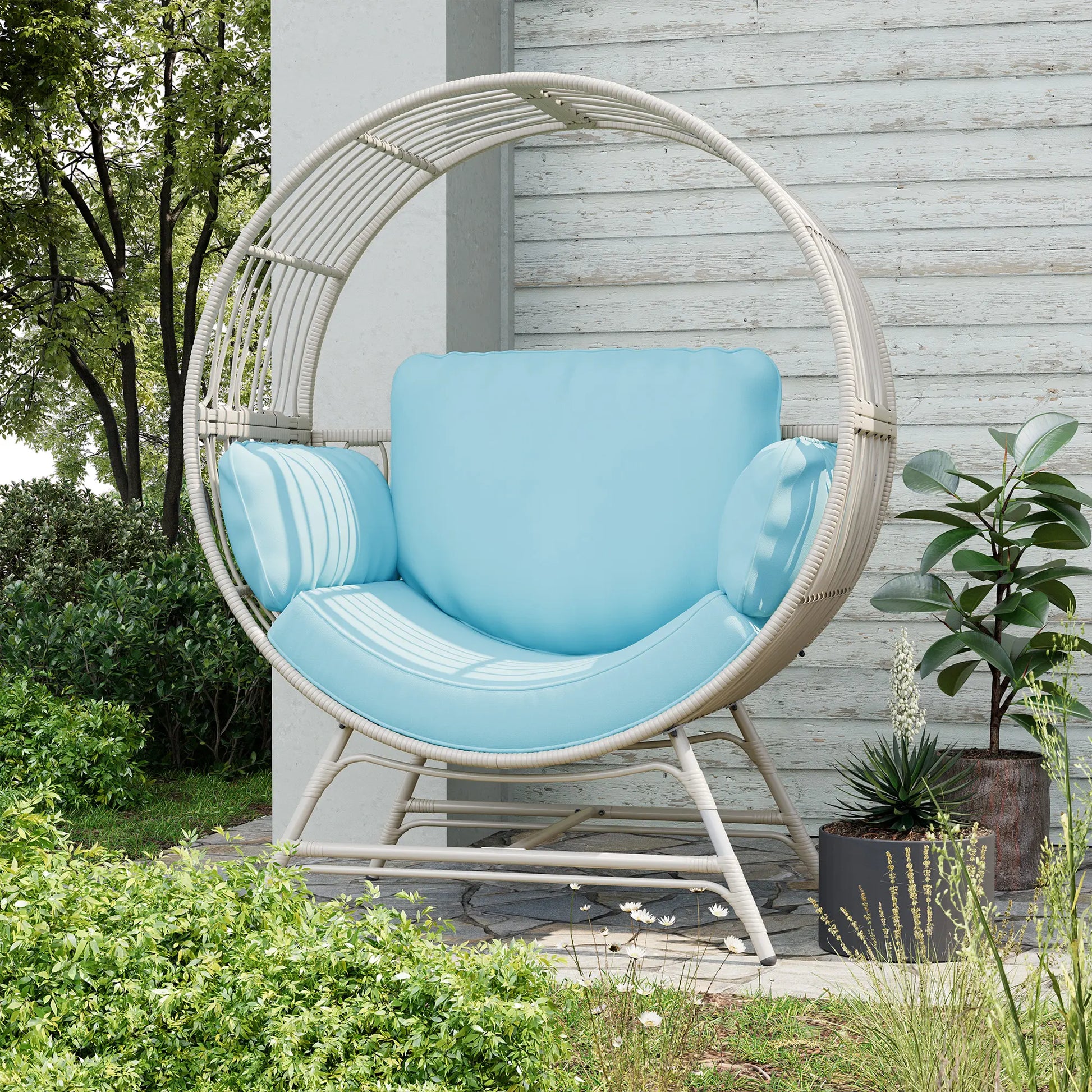 LHBCRAFT Rattan Wicker Egg Chair-330Lbs Weight Capacity, Egg Basket Lounge Chair with 4 Cushions, Oversized Indoor and Outdoor Lounger Chair for Patio & Living Room, Steel Fram,Christmas Gift