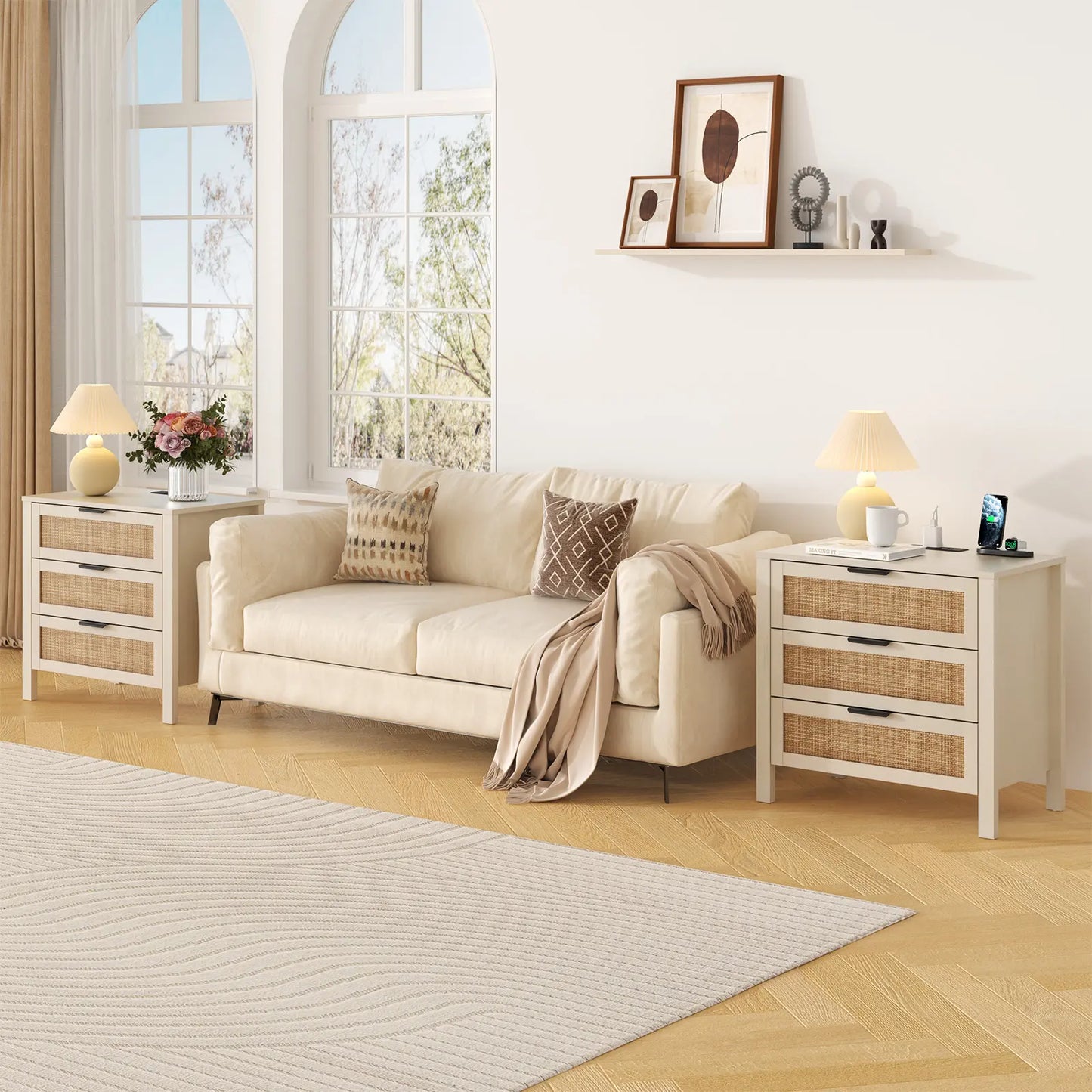 HOMMPA Nightstand with Charging Station, Boho Bedside Table with USB Ports, Large Rattan Night Stand with 3 Drawers, Modern Side Table End Table with Open Shelf for Bedroom, Cream