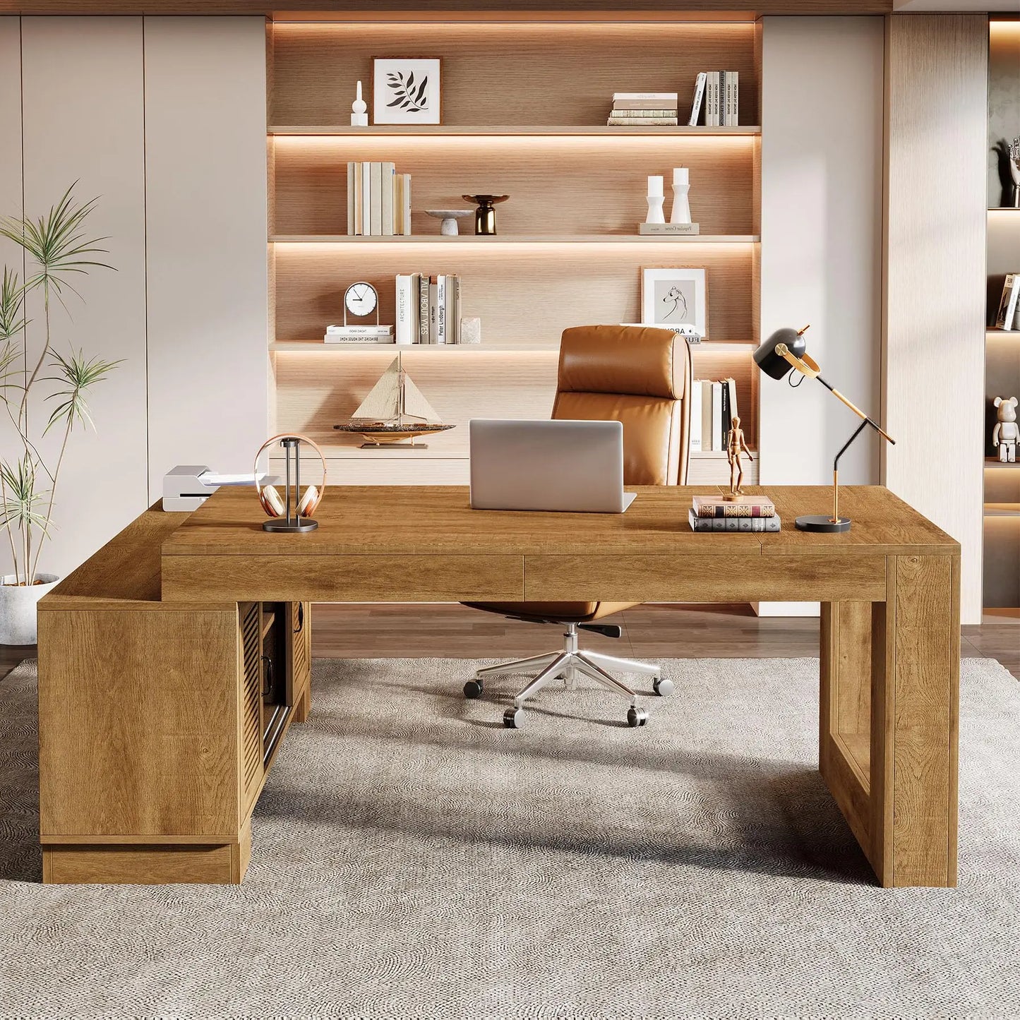 Tribesigns 63-Inch L Shaped Desk for Home Office with Storage Cabinets and Shelves, Modern Executive Computer Workstation