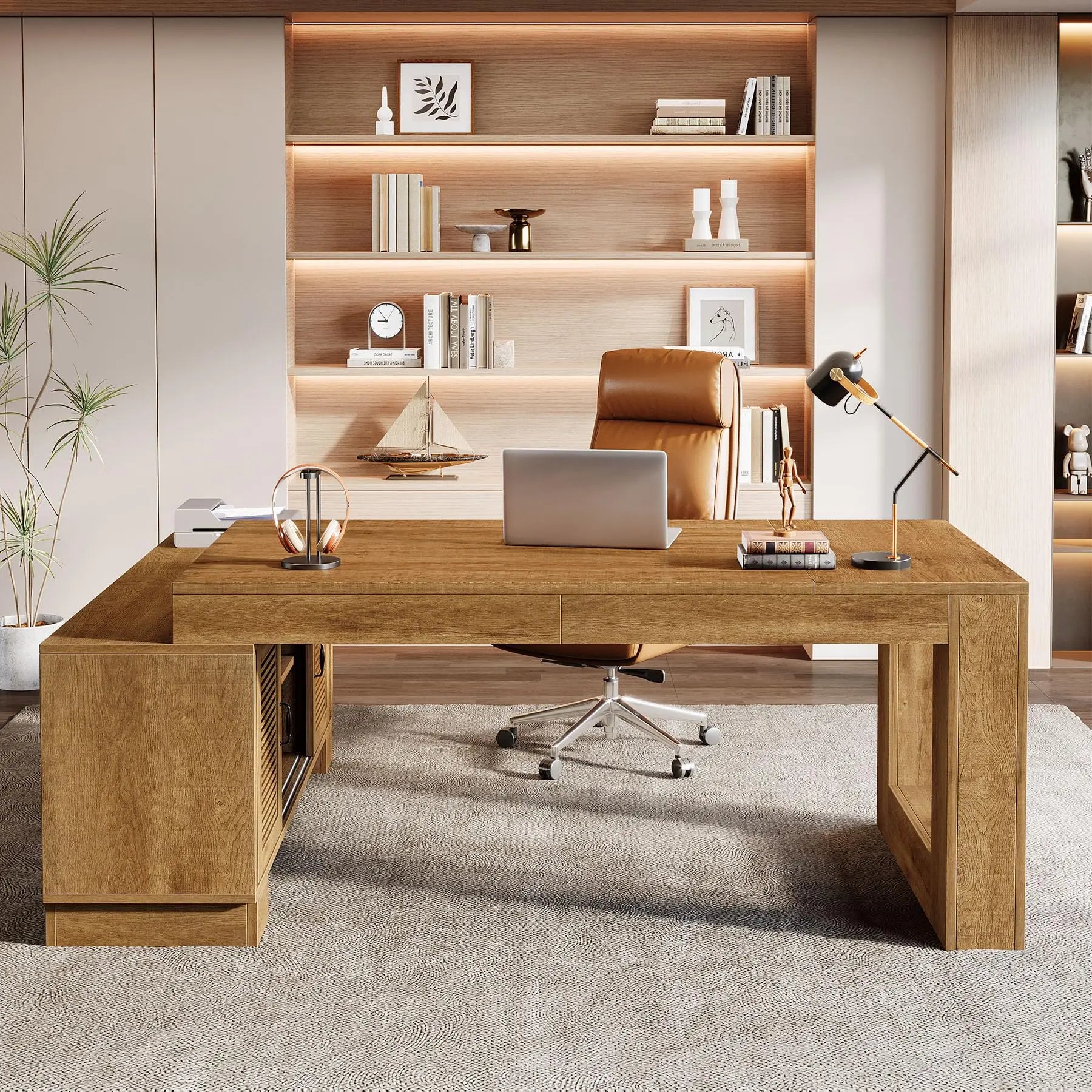 Tribesigns 63-Inch L Shaped Desk for Home Office with Storage Cabinets and Shelves, Modern Executive Computer Workstation