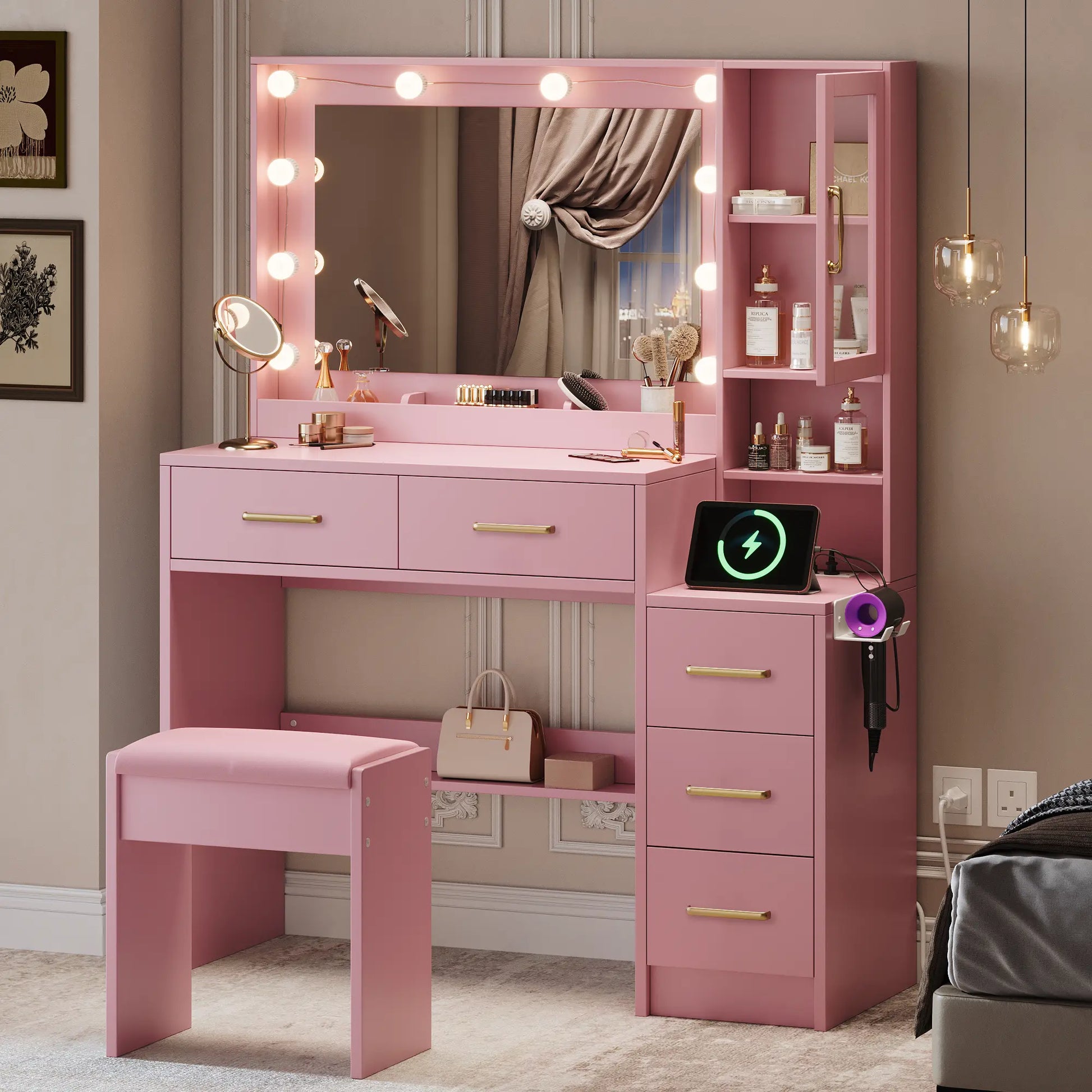58.3”Vanity Desk with Mirror and Replaceable Lights & Charging Station,Bedroom Dressing Table,Large Vanity Set,8 Drawers and 2 Cabinets,Makeup Vanity Table with Charging Station,Without Stool