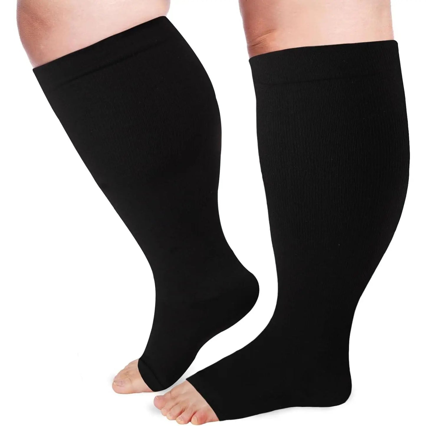 Open Toe plus Size Compression Socks for Women & Men 15-20 Mmhg Toeless Wide Calf Support Knee High Socks - Medical Grade Graduated Compression for Edema Varicose Veins Circulation Relief Comfortable Breathable Stockings