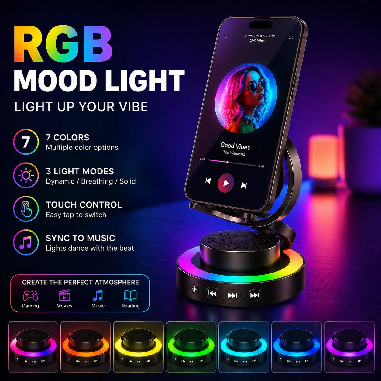 Wireless Speaker Phone Stand with BT Speaker Power Bank RGB Light Foldable for All Phones Bluetooth 5.3 Technology Adjustable Stand Vibrant Ambient Lighting Perfect Gift Choice
