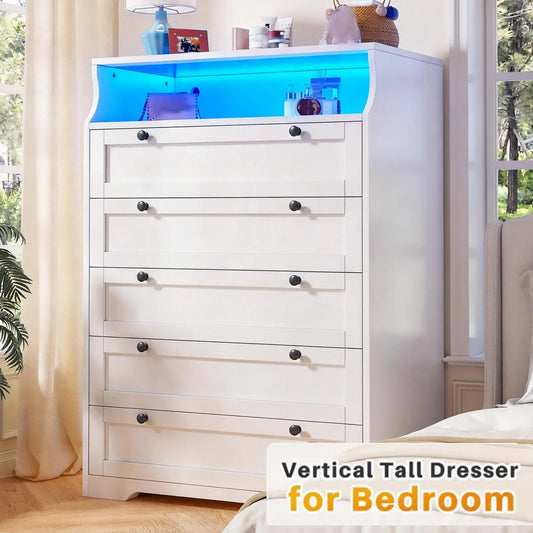 Raybee Modern 5/6/10 Drawer Dresser, with 16 Color RGB LED Lights & Remote Control, Large Storage Cabinet with Anti-Tip Device for Bedroom, Living Room, Office, Sturdy Wooden Dresser with Smooth Gliding Drawers, Easy Assembly Home Furniture Organizer