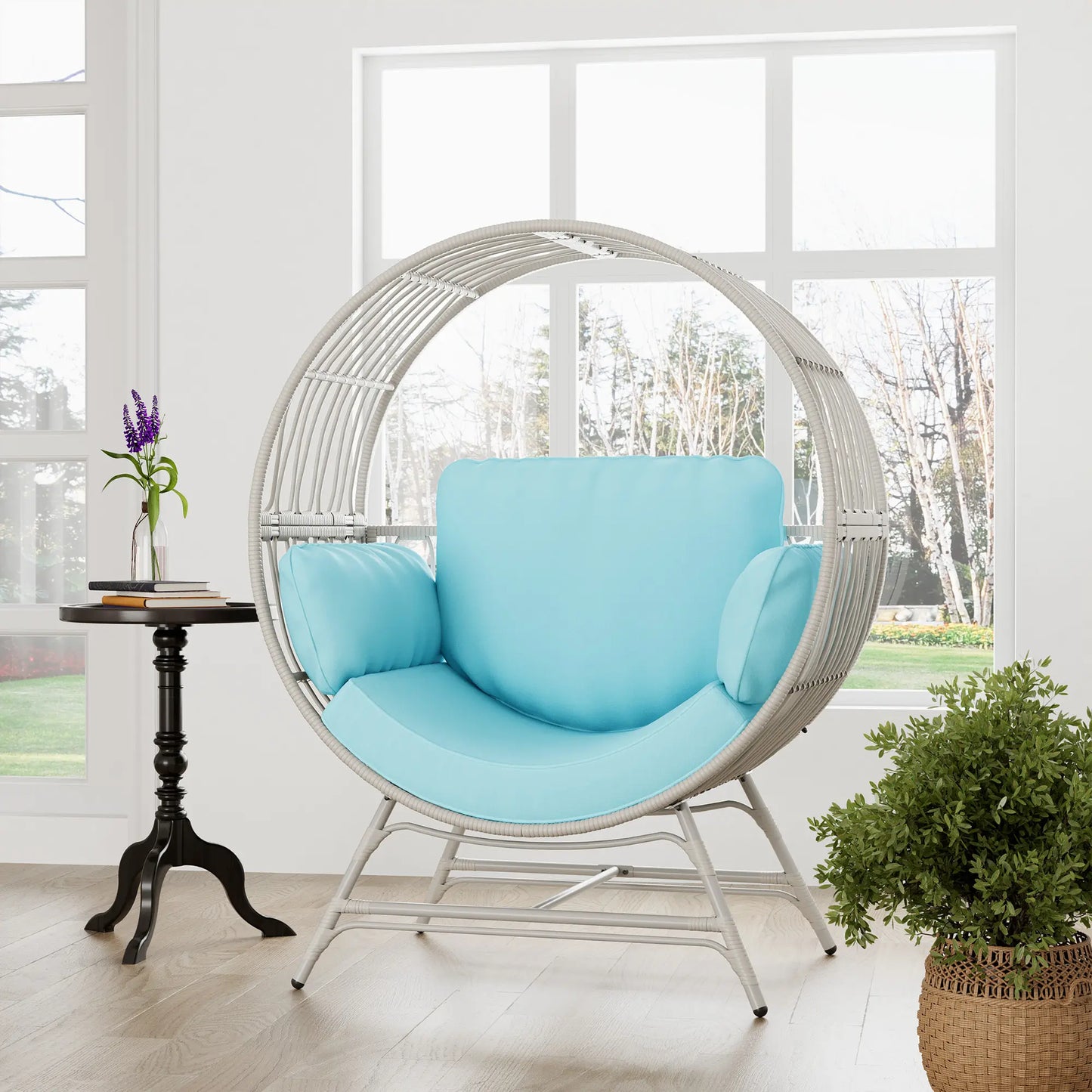LHBCRAFT Rattan Wicker Egg Chair-330Lbs Weight Capacity, Egg Basket Lounge Chair with 4 Cushions, Oversized Indoor and Outdoor Lounger Chair for Patio & Living Room, Steel Fram,Christmas Gift
