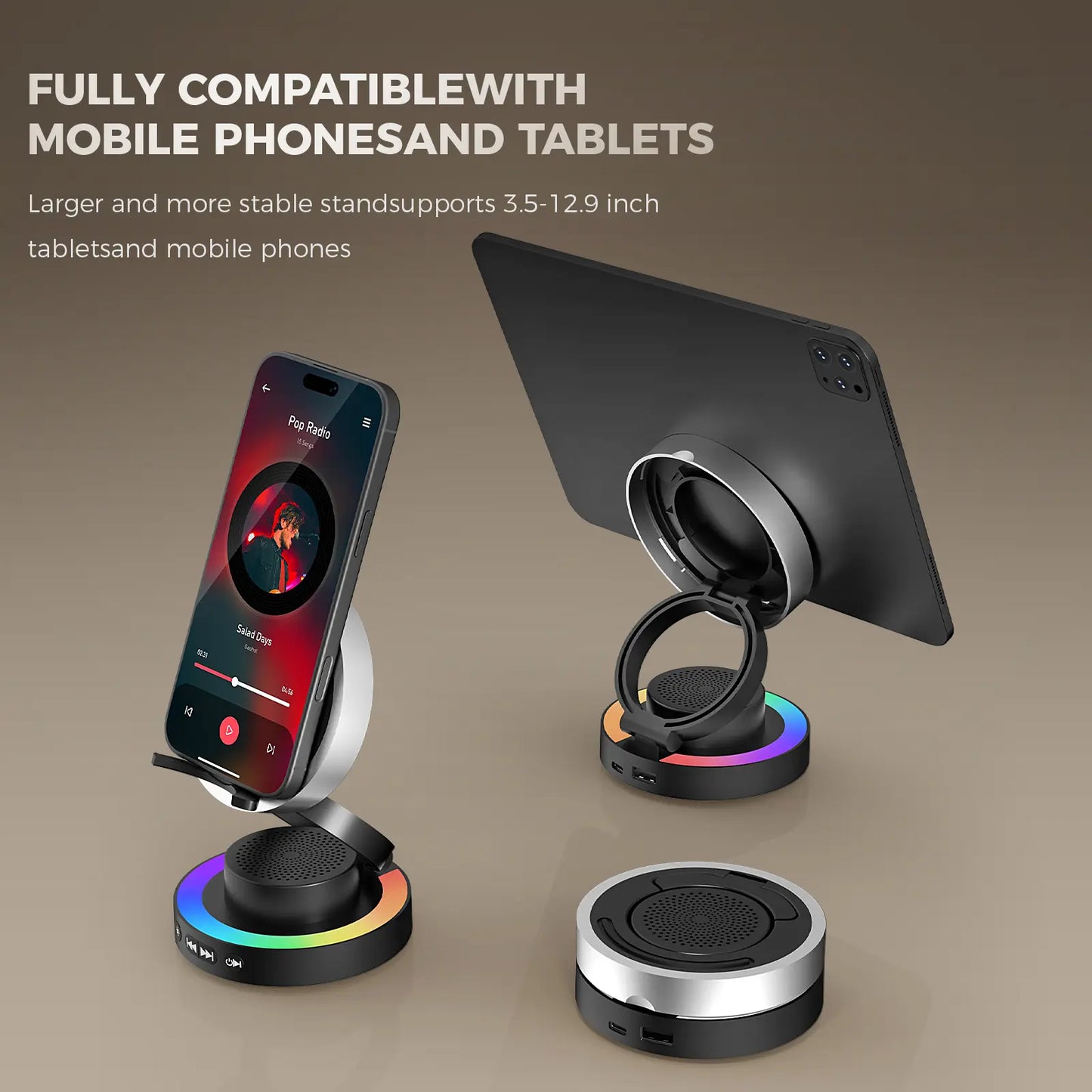 Wireless Speaker Phone Stand with BT Speaker Power Bank RGB Light Foldable for All Phones Bluetooth 5.3 Technology Adjustable Stand Vibrant Ambient Lighting Perfect Gift Choice