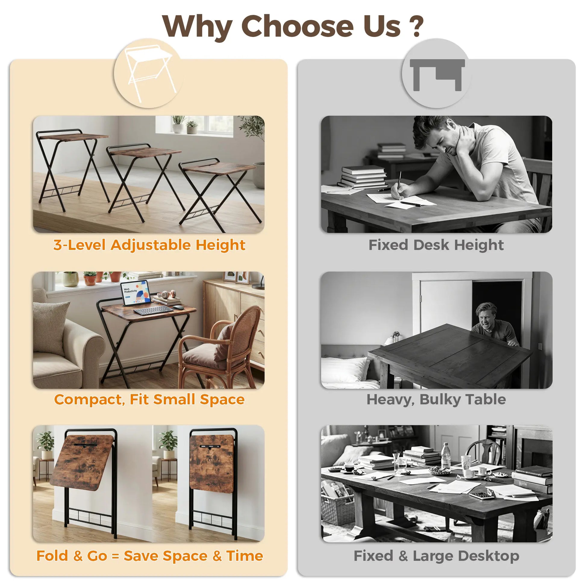 IRONCK Folding Desk for Small Spaces,Folding TV Tray Table, Industrial Snack Table for Eating at Couch,24.8 Inch Foldable Computer Table with 3-Level Adjustable Height & Tablet Slot, Space Saving, Writing Work Table for Home Office, Bedroom, Outdoor Patio