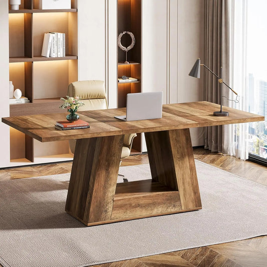 LITTLE TREE Farmhouse Computer Desk, 63-Inch Large Office Desk Workstation, Simple Style Executive Desk Study Table with Sturdy Base, Wooden Writing Desk for Home Office