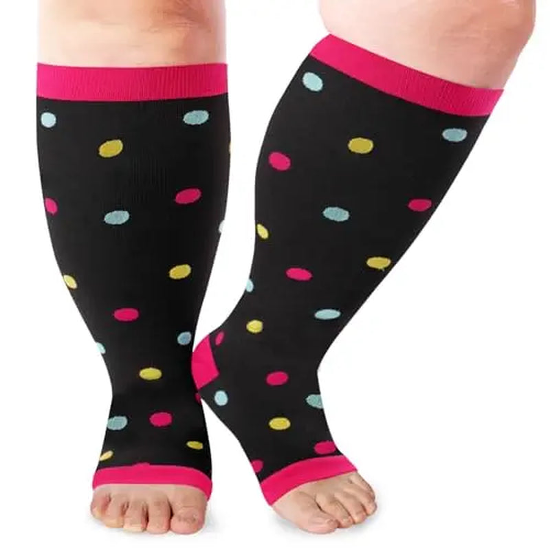 Open Toe plus Size Compression Socks for Women & Men 15-20 Mmhg Toeless Wide Calf Support Knee High Socks - Medical Grade Graduated Compression for Edema Varicose Veins Circulation Relief Comfortable Breathable Stockings