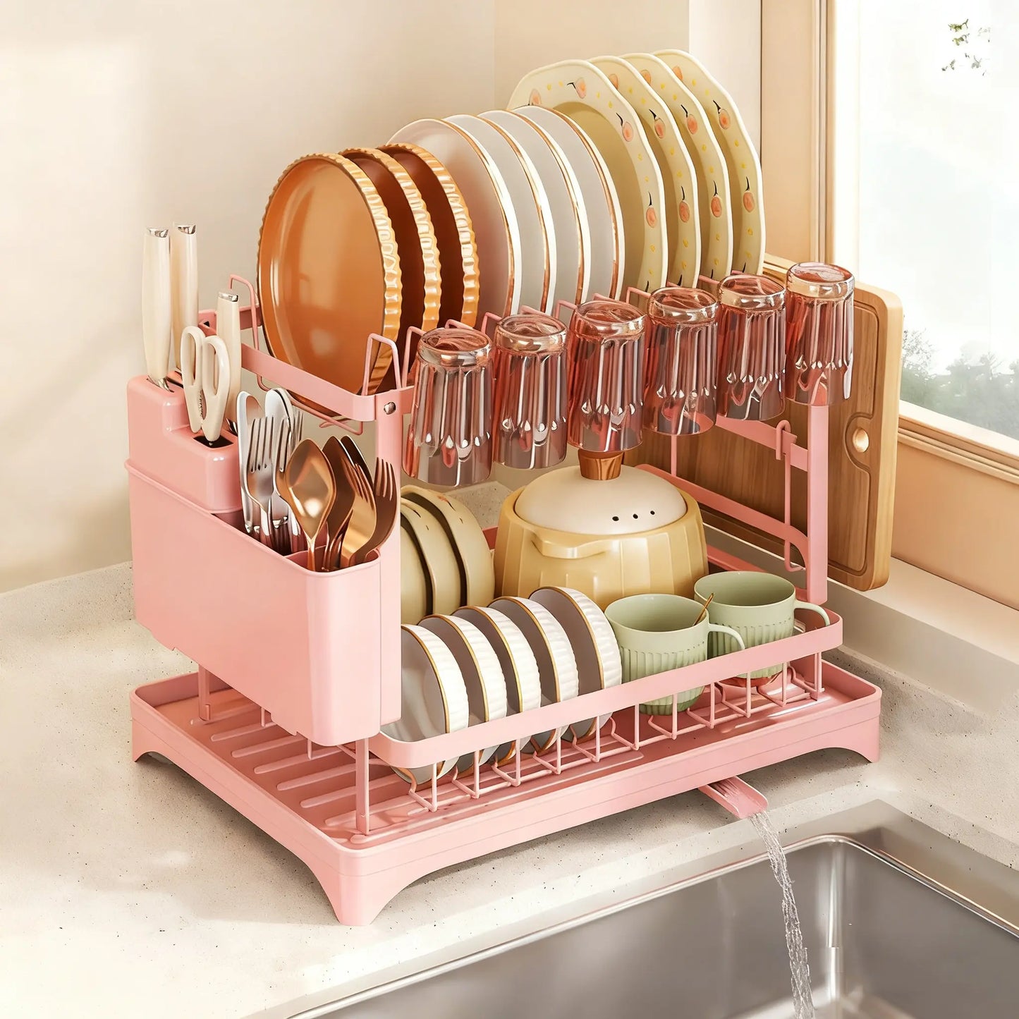 2 Tier Large Dish Drying Rack,Drying Rack with Automatic Drainboard,Rustproof Dish Drainer with Removable Utensil Holder, Cups Holder