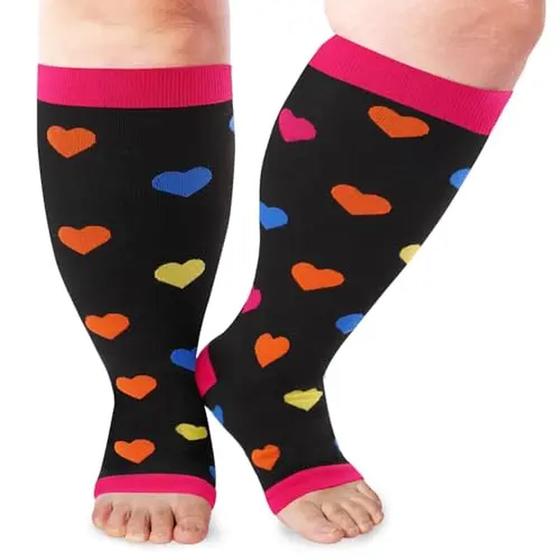 Open Toe plus Size Compression Socks for Women & Men 15-20 Mmhg Toeless Wide Calf Support Knee High Socks - Medical Grade Graduated Compression for Edema Varicose Veins Circulation Relief Comfortable Breathable Stockings