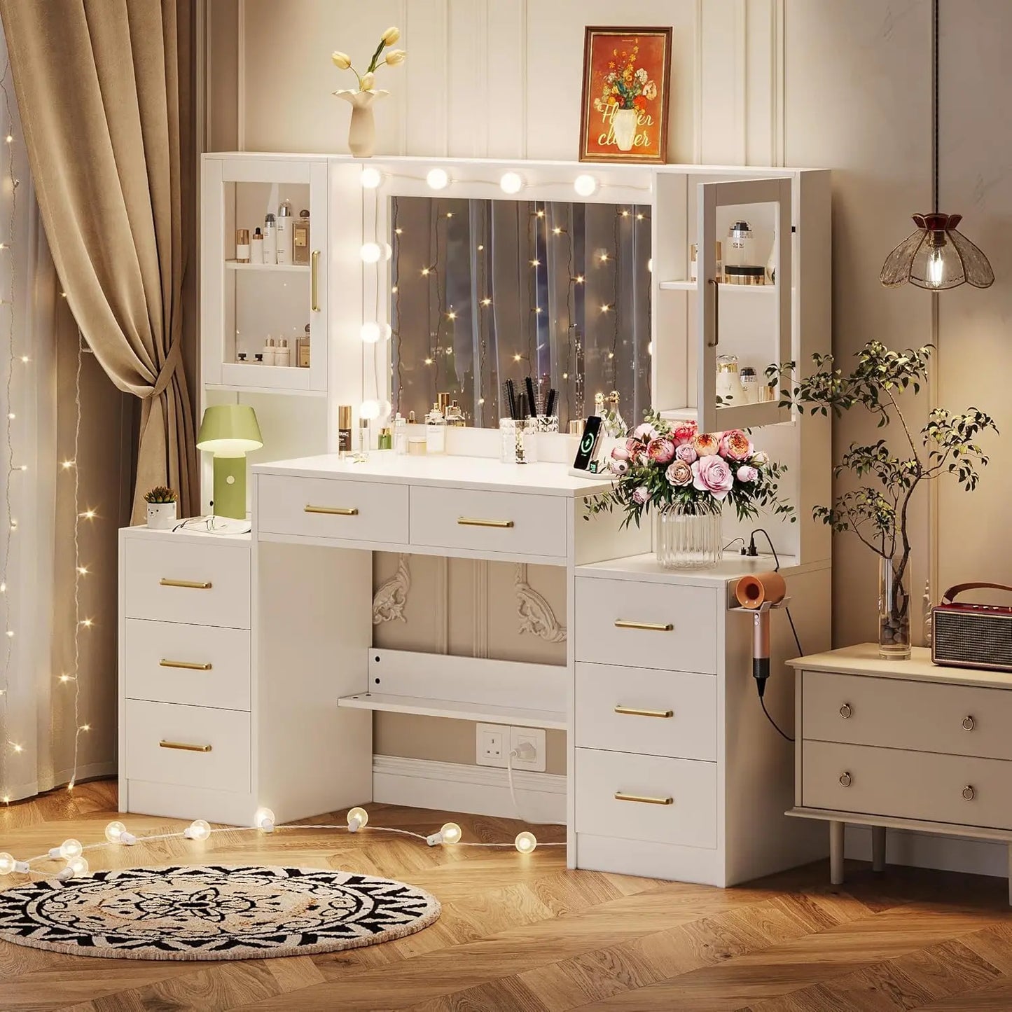 58.3”Vanity Desk with Mirror and Replaceable Lights & Charging Station,Bedroom Dressing Table,Large Vanity Set,8 Drawers and 2 Cabinets,Makeup Vanity Table with Charging Station,Without Stool
