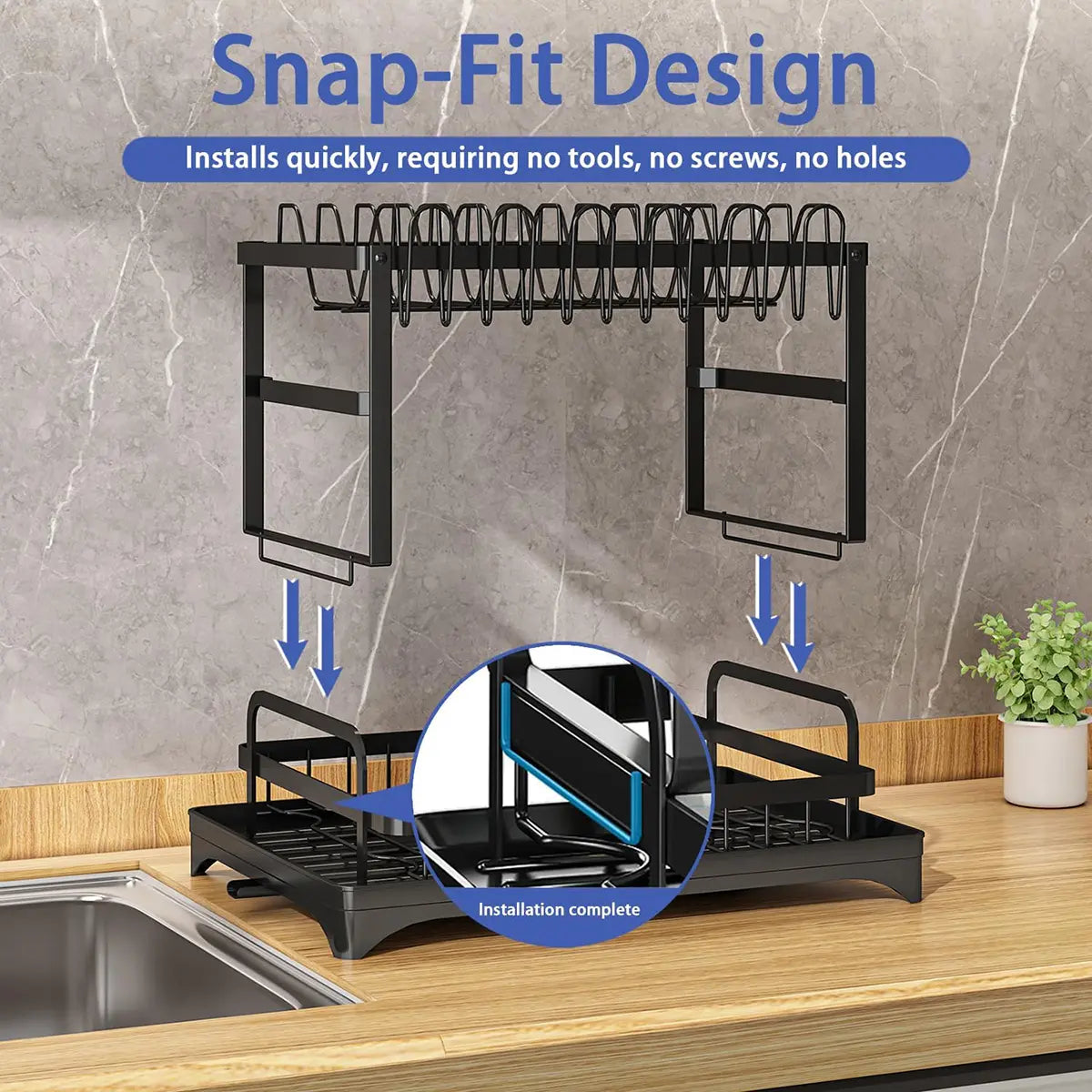 2 Tier Large Dish Drying Rack,Drying Rack with Automatic Drainboard,Rustproof Dish Drainer with Removable Utensil Holder, Cups Holder