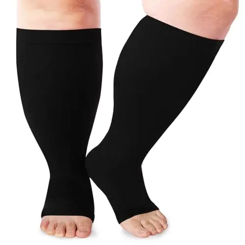 Open Toe plus Size Compression Socks for Women & Men 15-20 Mmhg Toeless Wide Calf Support Knee High Socks - Medical Grade Graduated Compression for Edema Varicose Veins Circulation Relief Comfortable Breathable Stockings