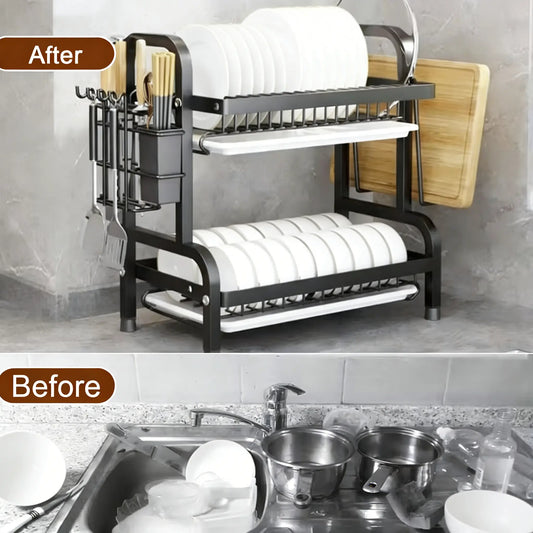 2-Tier Dish Drainer Drainboard Drying Rack Sink Shelf, Kitchen Counter Drainage Storage Large Space-Saving for Utensil, Metal Pot Organizers,Drumstick Grillin, Stainless Steel Dish Drainer Heavy Load, Wine Glass Holder Est Ante De Cocina Dishwasher Magnet