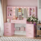 58.3”Vanity Desk with Mirror and Replaceable Lights & Charging Station,Bedroom Dressing Table,Large Vanity Set,8 Drawers and 2 Cabinets,Makeup Vanity Table with Charging Station,Without Stool