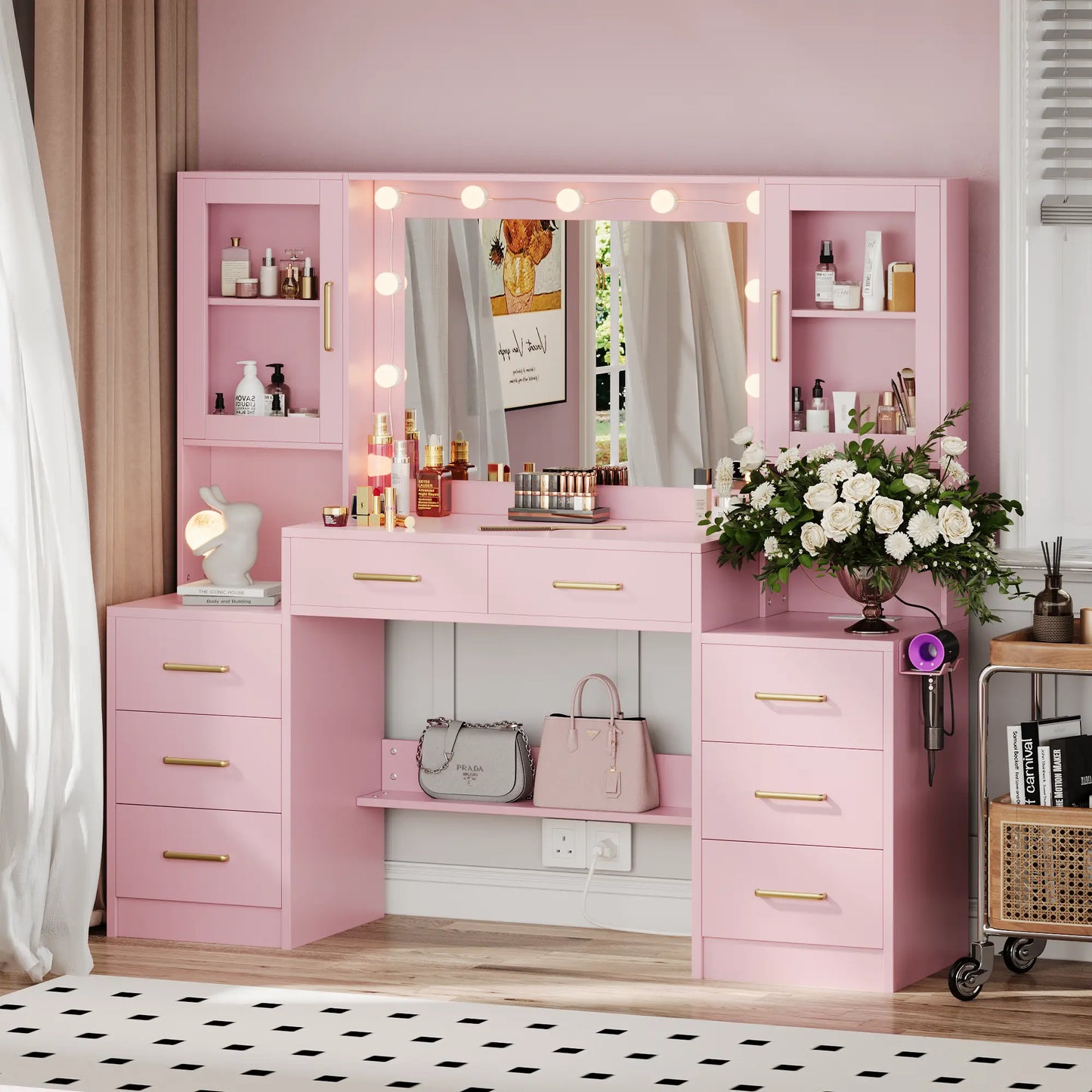 58.3”Vanity Desk with Mirror and Replaceable Lights & Charging Station,Bedroom Dressing Table,Large Vanity Set,8 Drawers and 2 Cabinets,Makeup Vanity Table with Charging Station,Without Stool