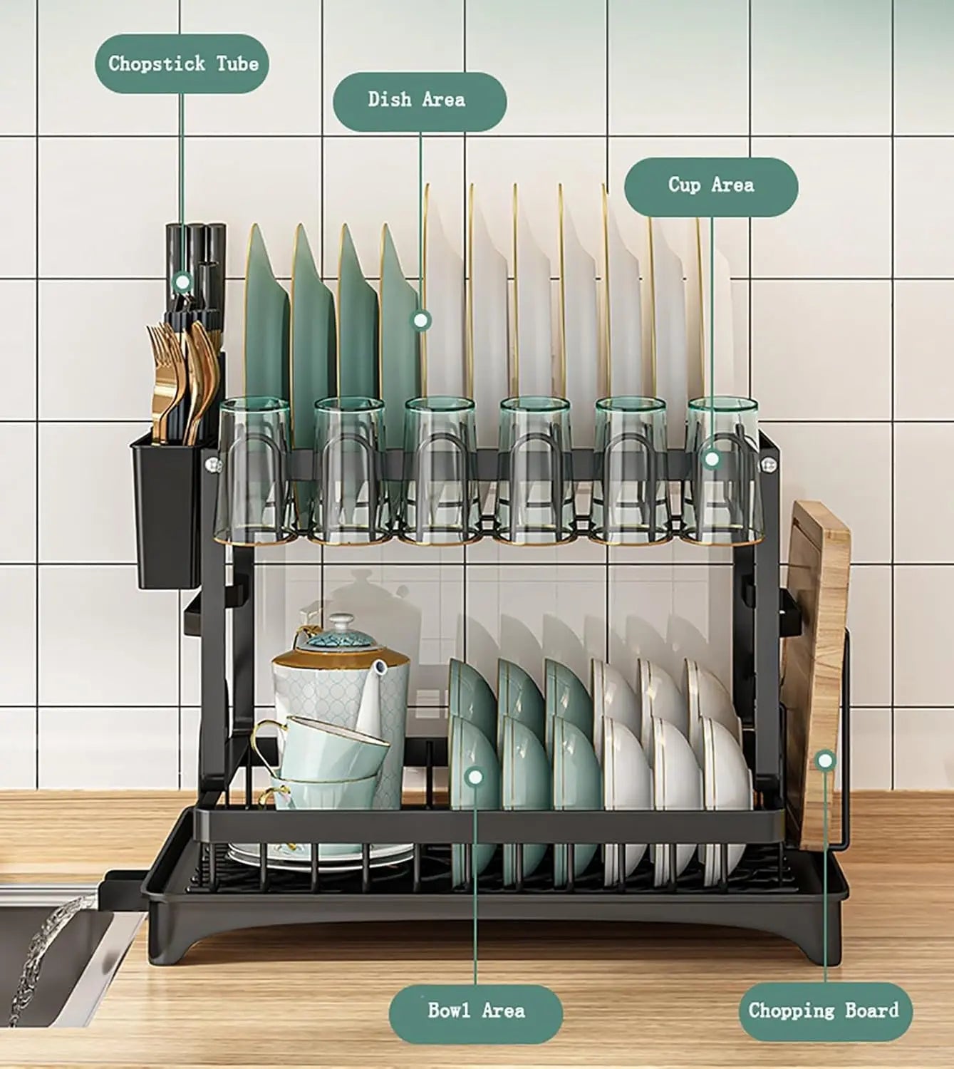 2 Tier Large Dish Drying Rack,Drying Rack with Automatic Drainboard,Rustproof Dish Drainer with Removable Utensil Holder, Cups Holder