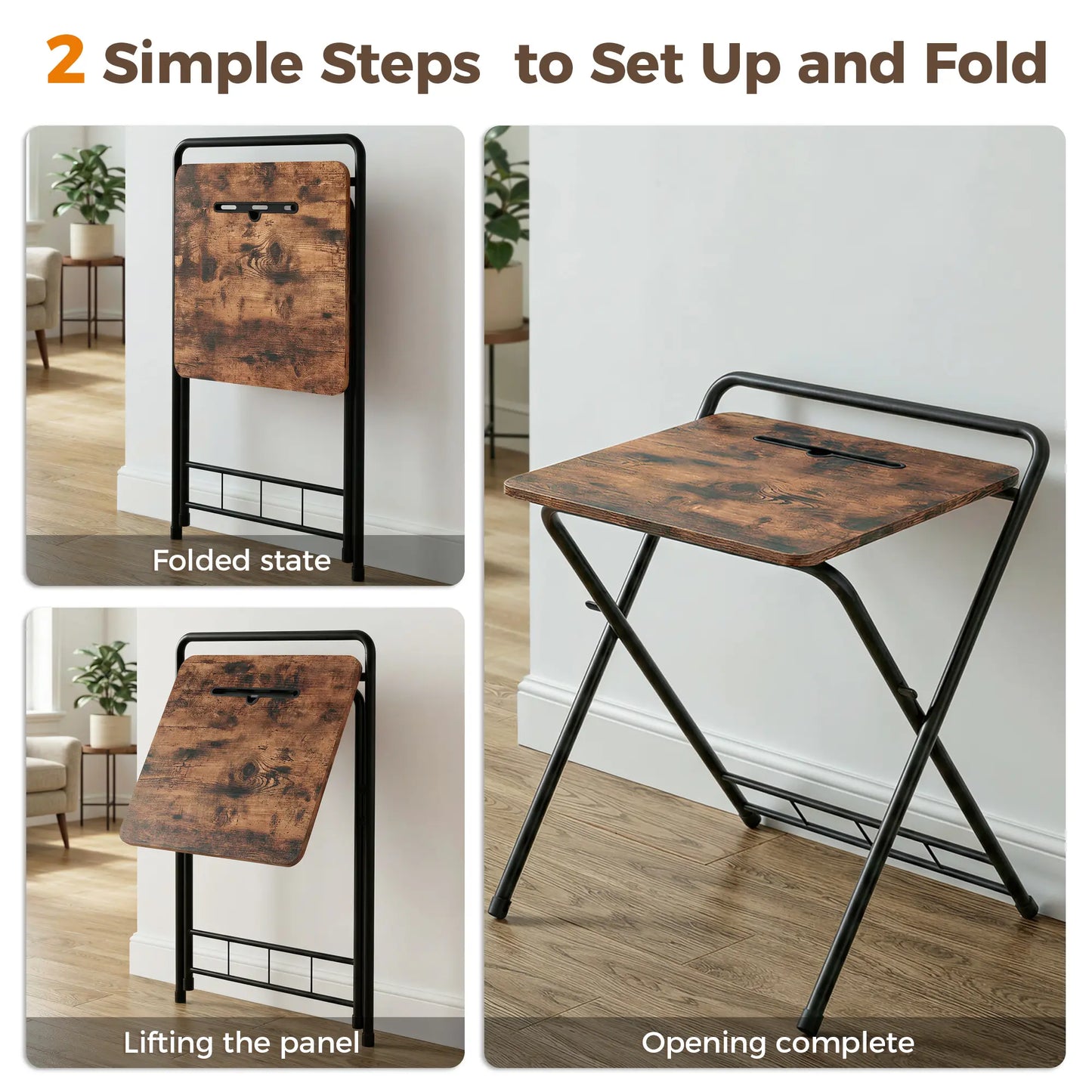 IRONCK Folding Desk for Small Spaces,Folding TV Tray Table, Industrial Snack Table for Eating at Couch,24.8 Inch Foldable Computer Table with 3-Level Adjustable Height & Tablet Slot, Space Saving, Writing Work Table for Home Office, Bedroom, Outdoor Patio