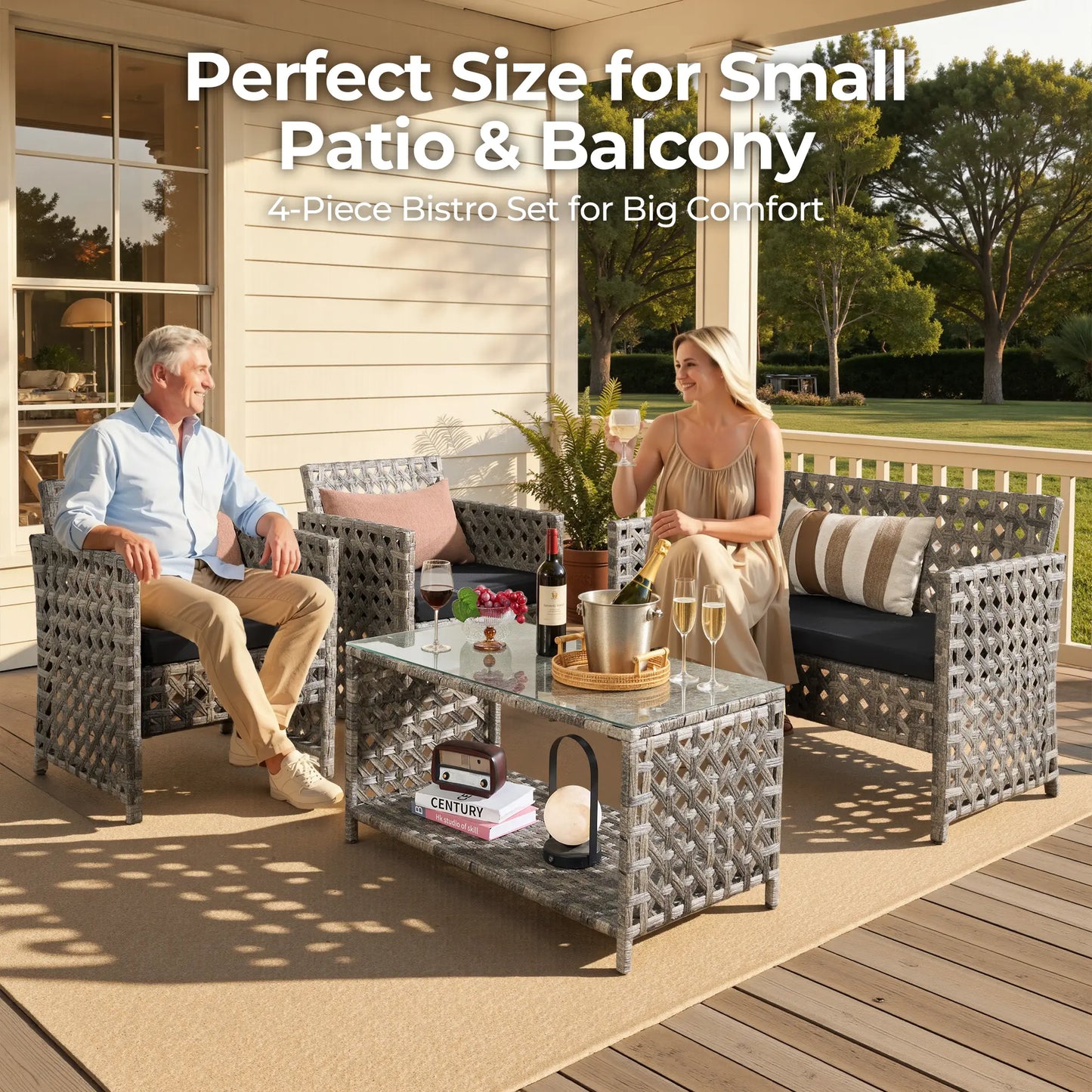 【Mother'S Day Gift】Ovios 4-Piece Patio Furniture Set, Outdoor Wicker Furniture with Coffee Table Glass Top Included, Modern Rattan Chairs Conversation Set, Outdoor Seating, Weather-Resistant, for Porch, Garden, Lawn