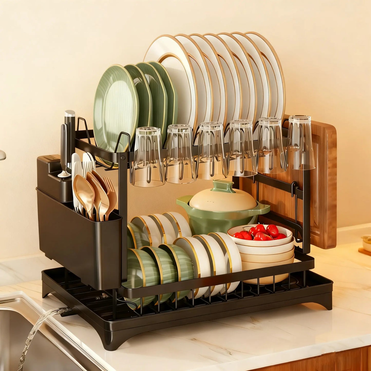 2 Tier Large Dish Drying Rack,Drying Rack with Automatic Drainboard,Rustproof Dish Drainer with Removable Utensil Holder, Cups Holder