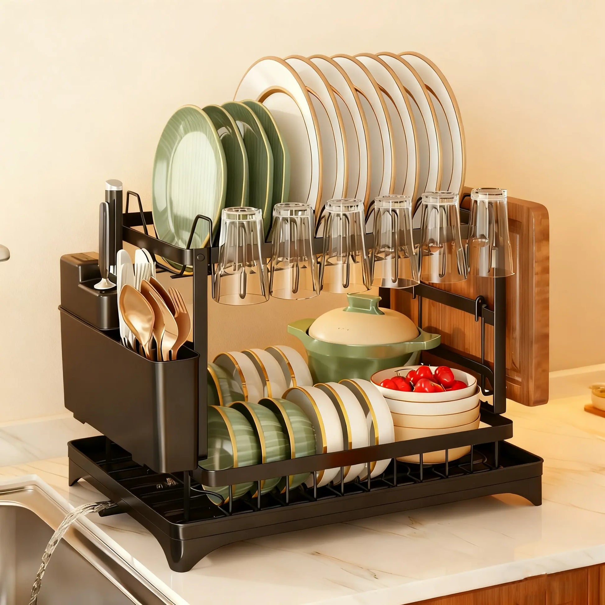 2 Tier Large Dish Drying Rack,Drying Rack with Automatic Drainboard,Rustproof Dish Drainer with Removable Utensil Holder, Cups Holder