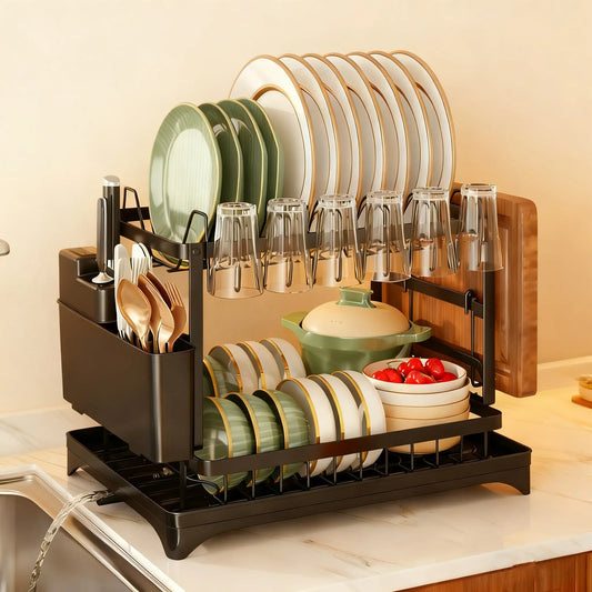 2 Tier Large Dish Drying Rack,Drying Rack with Automatic Drainboard,Rustproof Dish Drainer with Removable Utensil Holder, Cups Holder