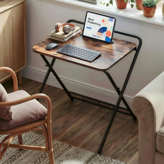 IRONCK Folding Desk for Small Spaces,Folding TV Tray Table, Industrial Snack Table for Eating at Couch,24.8 Inch Foldable Computer Table with 3-Level Adjustable Height & Tablet Slot, Space Saving, Writing Work Table for Home Office, Bedroom, Outdoor Patio