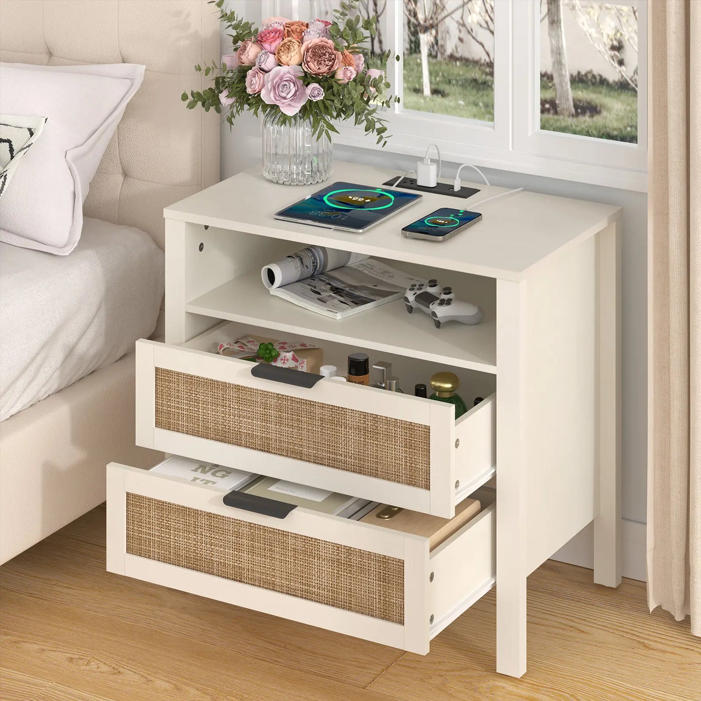 HOMMPA Nightstand with Charging Station, Boho Bedside Table with USB Ports, Large Rattan Night Stand with 3 Drawers, Modern Side Table End Table with Open Shelf for Bedroom, Cream