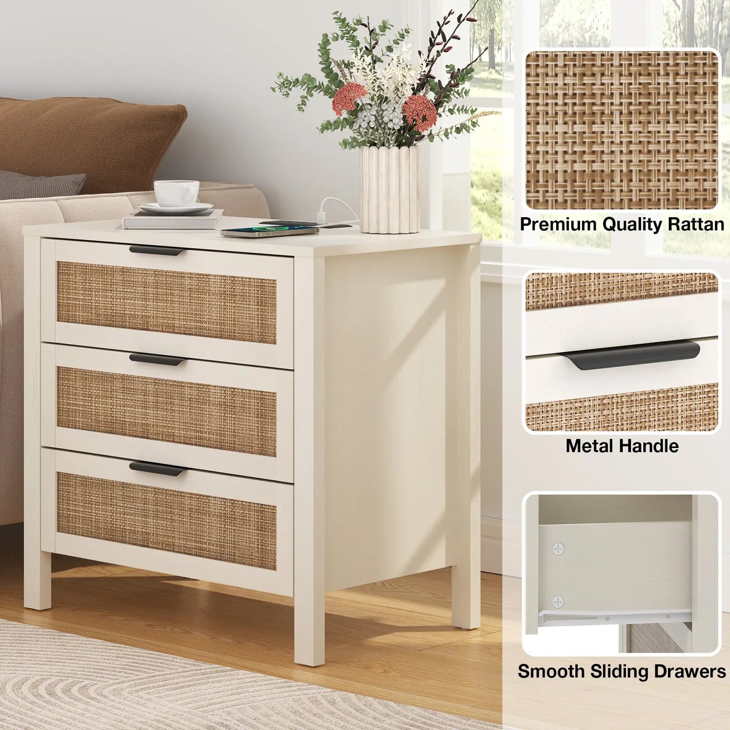 HOMMPA Nightstand with Charging Station, Boho Bedside Table with USB Ports, Large Rattan Night Stand with 3 Drawers, Modern Side Table End Table with Open Shelf for Bedroom, Cream