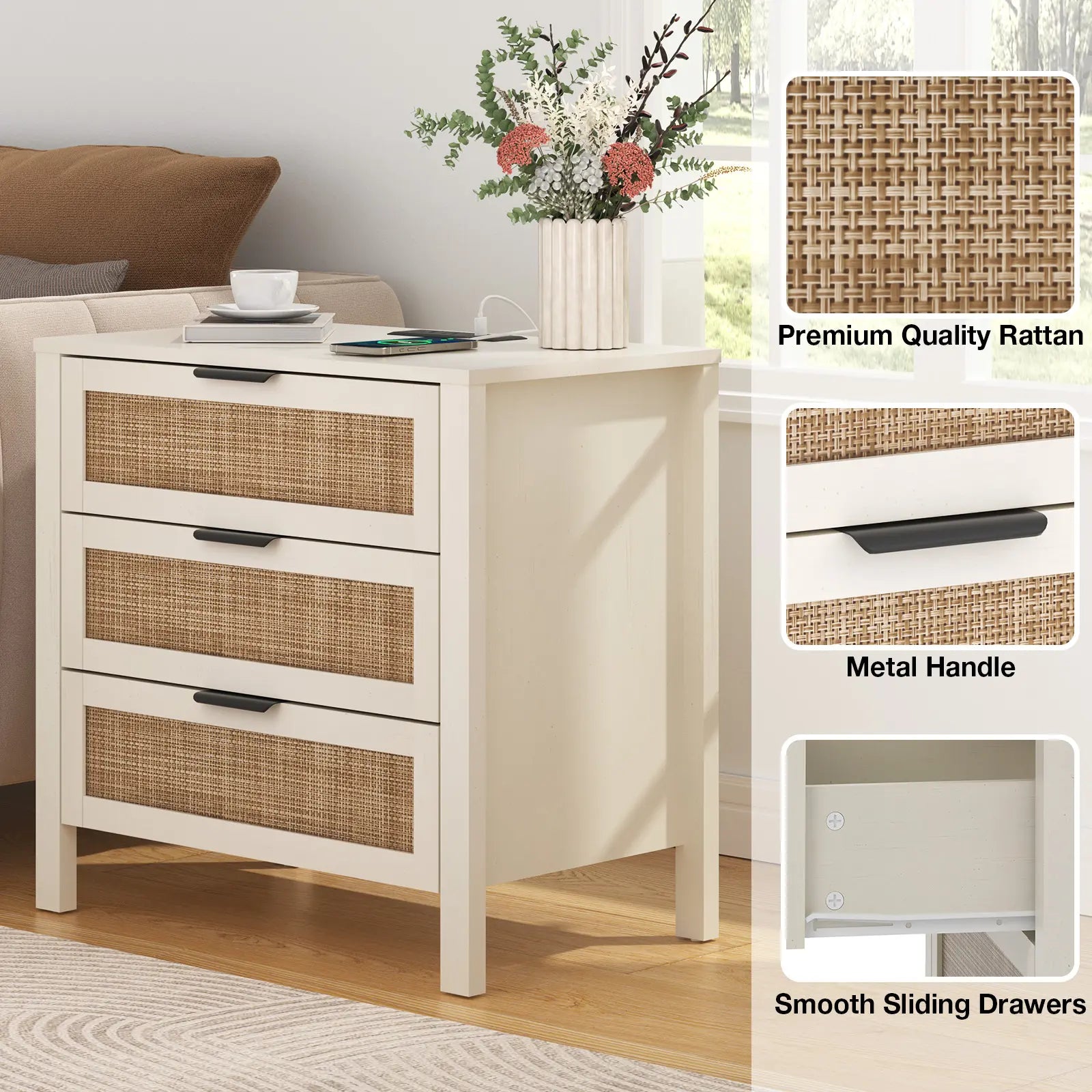 HOMMPA Nightstand with Charging Station, Boho Bedside Table with USB Ports, Large Rattan Night Stand with 3 Drawers, Modern Side Table End Table with Open Shelf for Bedroom, Cream