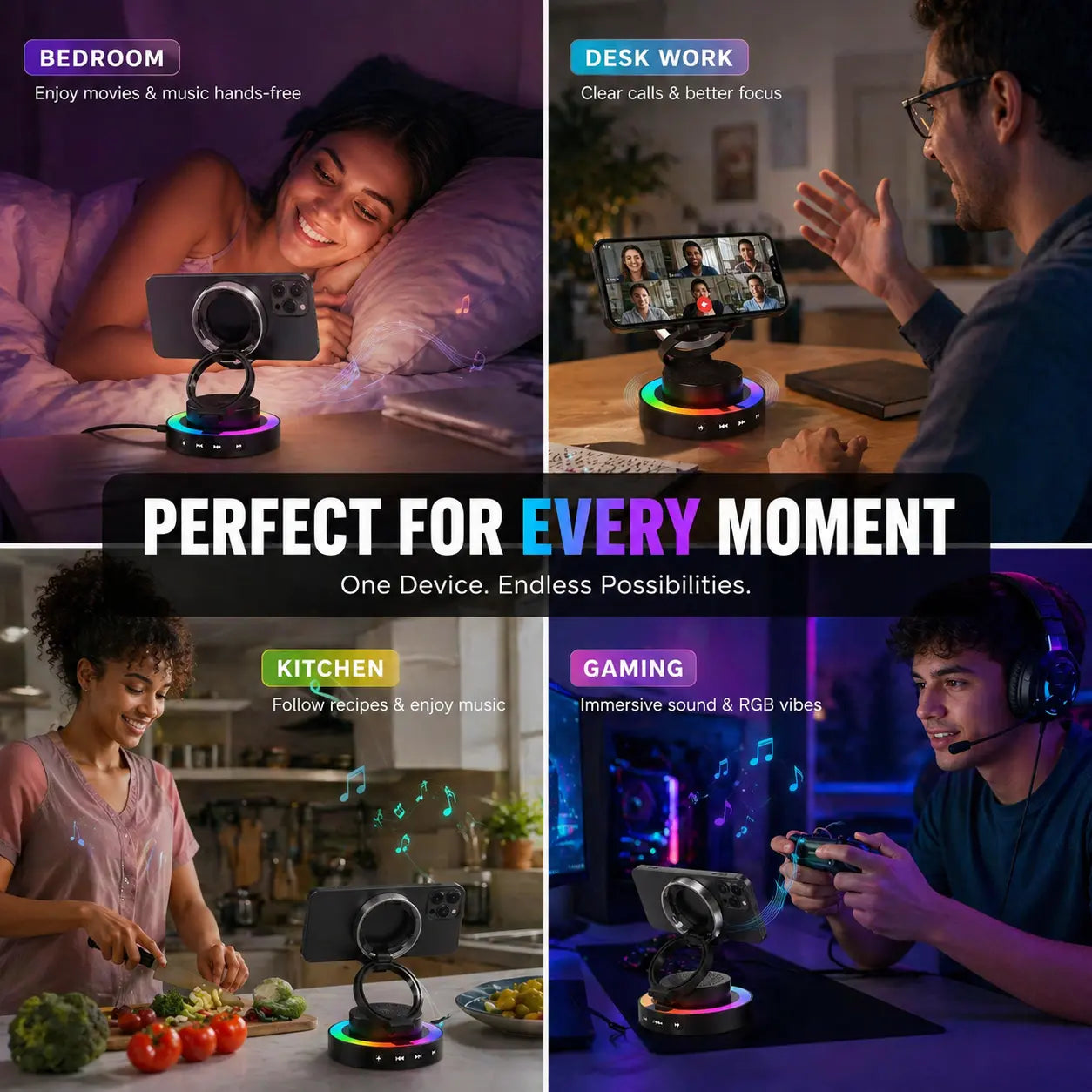 Wireless Speaker Phone Stand with BT Speaker Power Bank RGB Light Foldable for All Phones Bluetooth 5.3 Technology Adjustable Stand Vibrant Ambient Lighting Perfect Gift Choice